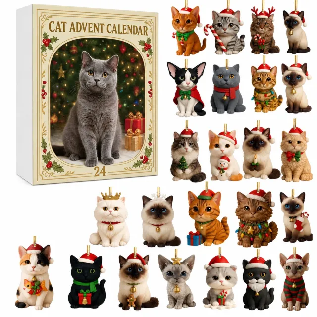 SWGOTA Kattenadventskalender met 24 vakjes en 24 kattenhangertjes voor Kerstmis - In doos beige