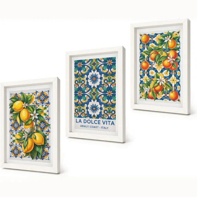 Coloray 3-Delige Schilderij Set - Posters met citrusvruchten en kleurrijke abstracte patronen - 20x30 - Stijlvolle Muurdecoratie - Kantoor - Woonkamer Decoratie Witte lijst