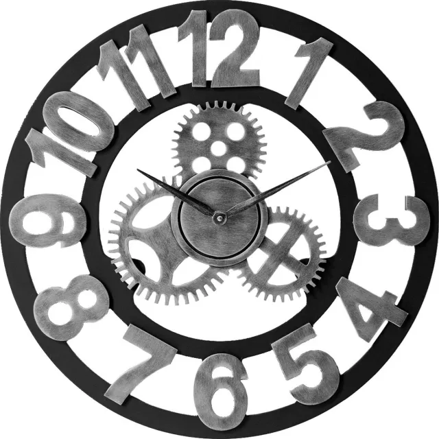 LW collection Wandklok grijs zwart 40cm - Kleine houten landelijke klok met tandwielen - Industriële wandklok stil uurwerk