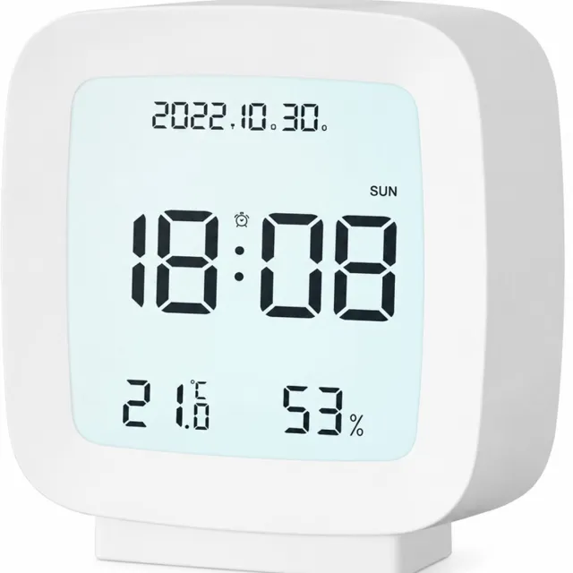 SWGOTA Witte digitale LCD-wekker met tijd, datum, temperatuur en luchtvochtigheid - 7,8 x 4 x 8,3 cm - met voet voor bureau of nachtkastje