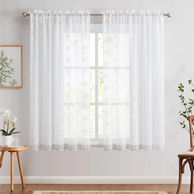 Unyqoos Elegante Witte Vitrage Gordijnen met Bloemendesign voor Woonkamer en Slaapkamer, Set van 2, 145 x 140 cm