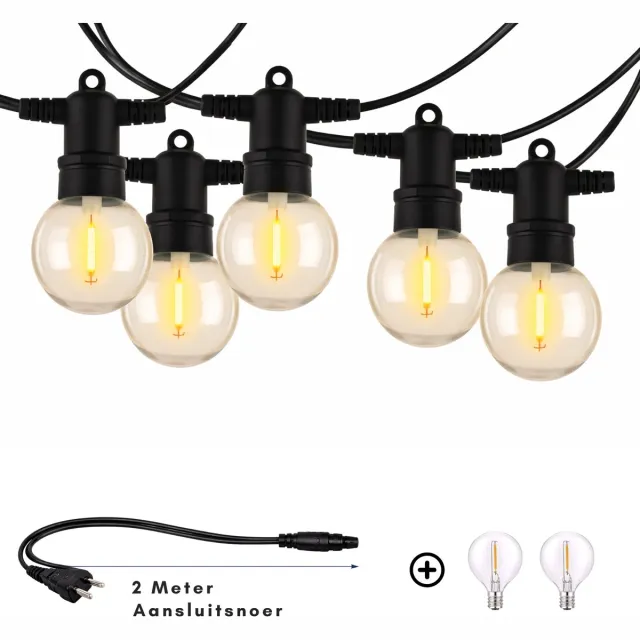 Lichtendirect Lichtsnoer Voor Buiten - 10 Meter - 20+2 LED Lampen - Waterdicht - Warm Wit 2700K- IP65 - Lichtslinger - Sfeerverlichting Tuin en Terras - Voor Binnen en Buiten