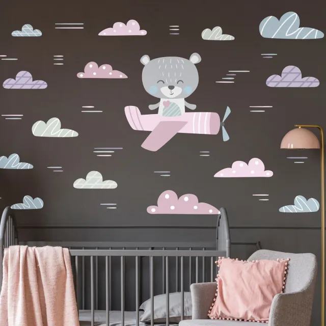 Ambiance Sticker Muurstickers - Teddybeer die wolken achterna zit - Zelfklevende stickers - 135x100cm Multi color