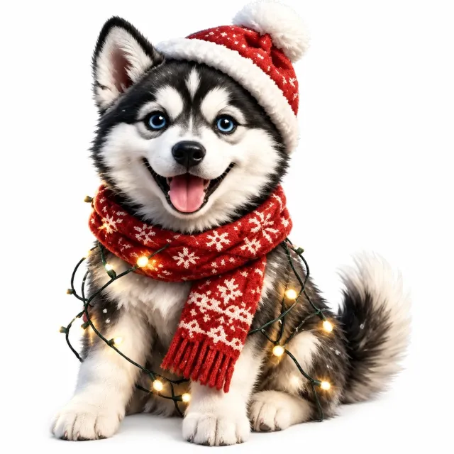 SWGOTA Adventskalender 2026 met huskyillustratie, rode kerstmuts en sjaal in winters sneeuwlandschap Blauw