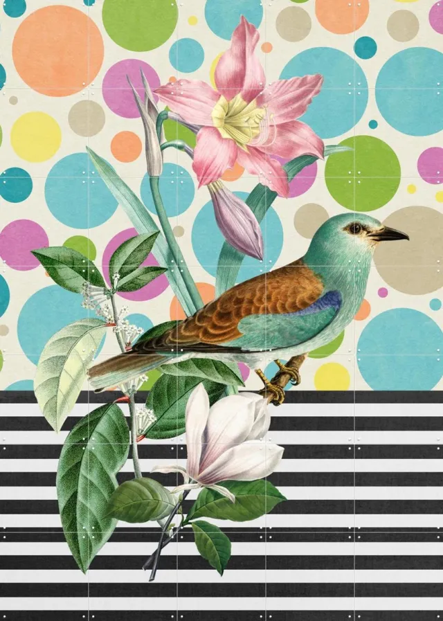 IXXI Sweet Spring Bird, Marja van den Hurk - 100 x 140 cm - Grote wanddecoratie en posters - Digitale Kunst, Gemengde Technieken, Trap, Woonkamer Groen / Blauw