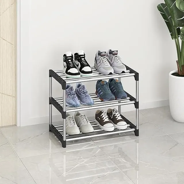 Famanu Klein schoenenrek, stapelbaar schoenenrek, 3 niveaus, beenruimteopslag, licht schoenenrek, opbergen, organizer, stabiel smal schoenenrek voor kast, entree, hal Zwart