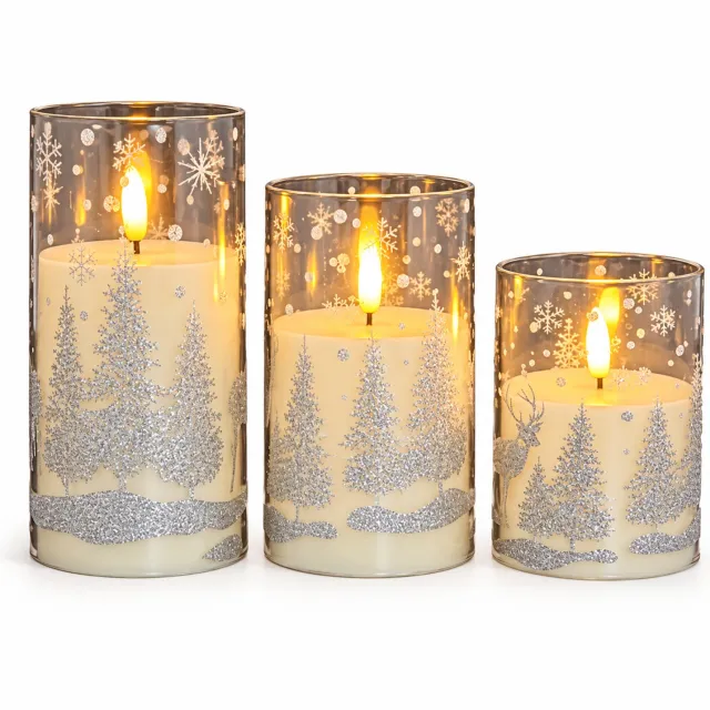 KZQ LED kaarsen in glas - Set van 3 met afstandsbediening en timer - Vlamloze kerstkaarsen op batterijen met flikkerend vlameffect - Zilverkleurige sneeuwvlokken, kerstbomen en herten - Hoogtes 10, 12,5 en 15 cm