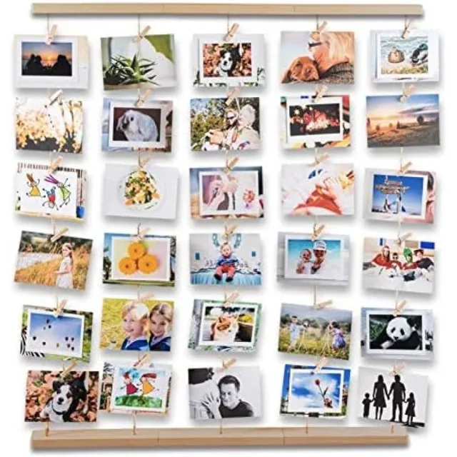 PromoHome Fotolijst Collage Set - Houten Fotowand met Waslijn Look - 30 Klemmen voor Foto's, Kaarten en Kunstwerken - Inclusief Montagemateriaal - Wanddecoratie voor Woonkamer, Slaapkamer of Kantoor Bruin