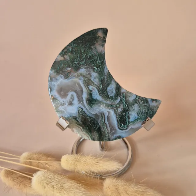 Moonlight Gemstones XL Edelsteen Mosagaat Maan op Standaard (Druzy & Patronen) #181 - 167gr