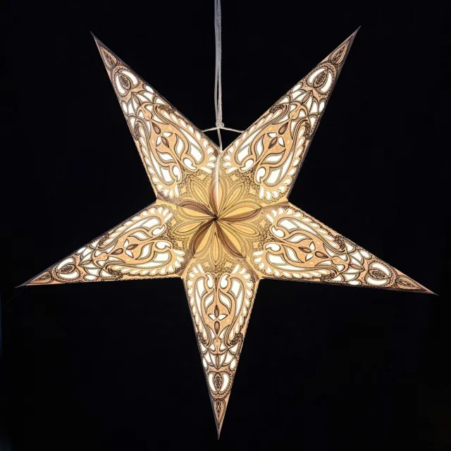 MoreThanHip Kerstster papier met verlichting - 60 cm diameter, 24 cm diep - Kerst ster voor binnen - Ganesha Grijs Goud - FSC papier - Incl. USB-LED-verlichtingsset (5 m. snoer, schakelaar en bevestigingsclip) - Kerst Raam decoratie - Kerstversiering