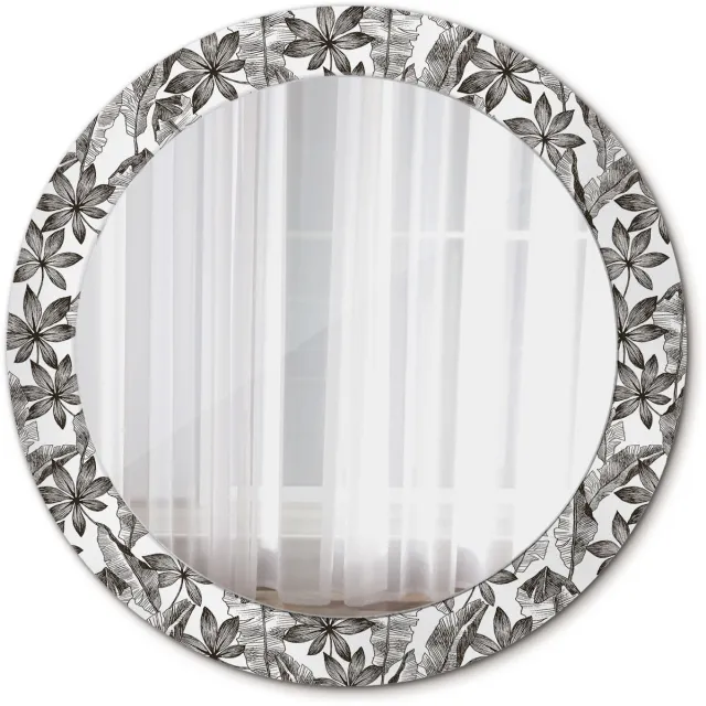 TULUP Spiegel - Spiegel op gehard Glas - Ronde Spiegel - Tropische bladeren - Diameter: 70 cm - Design Spiegel - Slaapkamerspiegel - Badkamerspiegel - Make-upruimte - Kaptafel - Zwart-Witte - Origineel cadeau - Eigеntijds Spiegel - Spiegelmontageset Zwart-wit Tropische bladeren