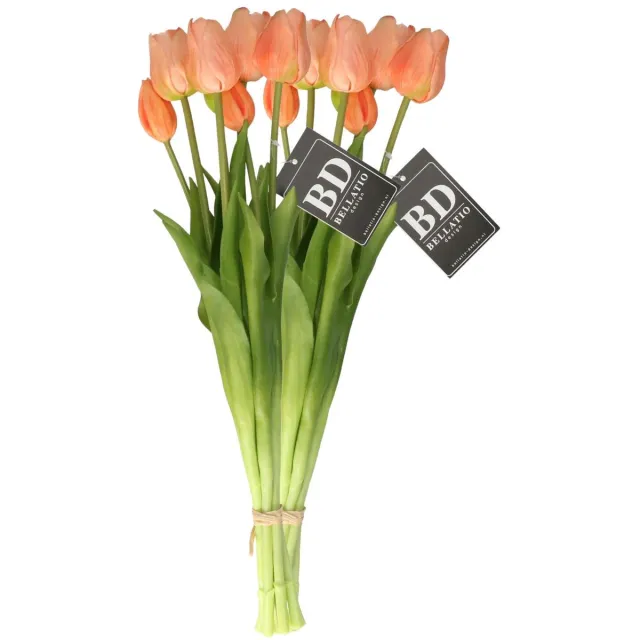 Bellatio Design Kunst tulpen boeket Sally - 14x stuks - zalm kleur - real touch - 47 cm Oudroze