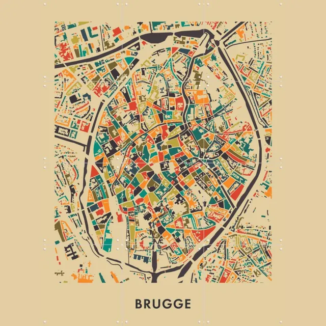 IXXI Brugge Mosaic Map, Kunst in Kaart - 60 x 80 cm - Grote wanddecoratie en posters - Abstract, Digitale Kunst, Speels, Kleurrijk, Vintage, Modern Blauw