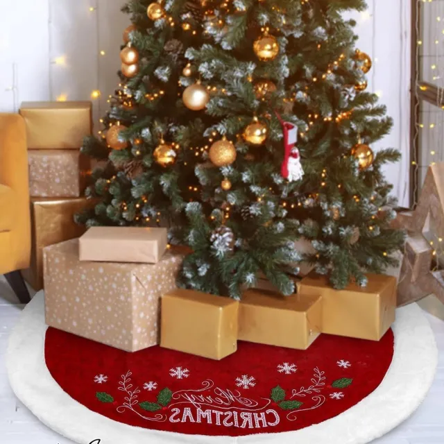 Mrs. Jones Kerstboomrok 122 cm ronde kerstboomdeken met sneeuwvlokkenpatroon en vrolijke kerstletters voor Kerstmis vakantie decoratie boomversiering . multi-color