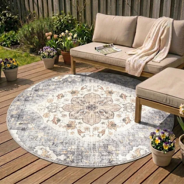 Fraai Rond vintage buitenkleed - Santo Mandala Blauw/Grijs - Ø 230cm