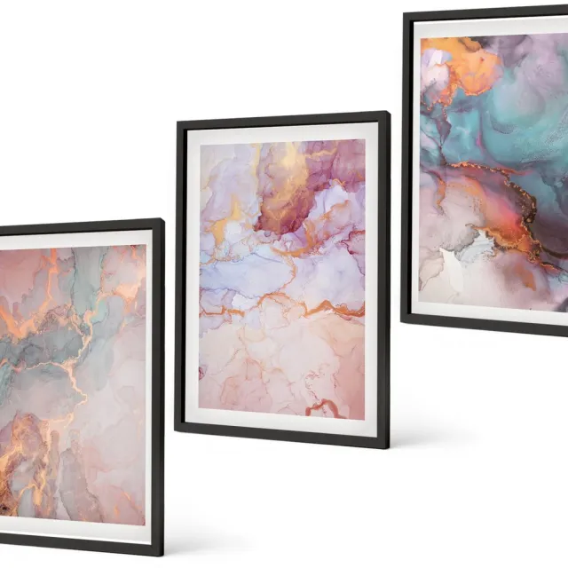 Coloray 3-Delige Schilderij Set - Abstracte Patronen In Pastelkleuren Met Accenten - 40 x 60 cm - Stijlvolle Muurdecoratie - Kantoor - Wanddecoratie Zwarte lijst