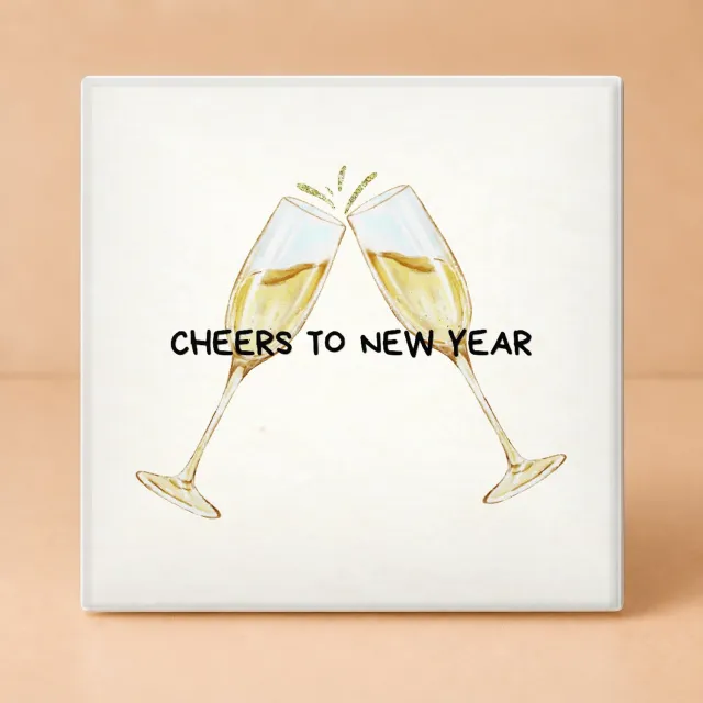 Bedruk King Feestelijke 'Cheers to New Year' Tegel – Decoratieve Nieuwjaarstegel met Champagneglazen voor Oud en Nieuw Fans - 15 x 15 cm Wit