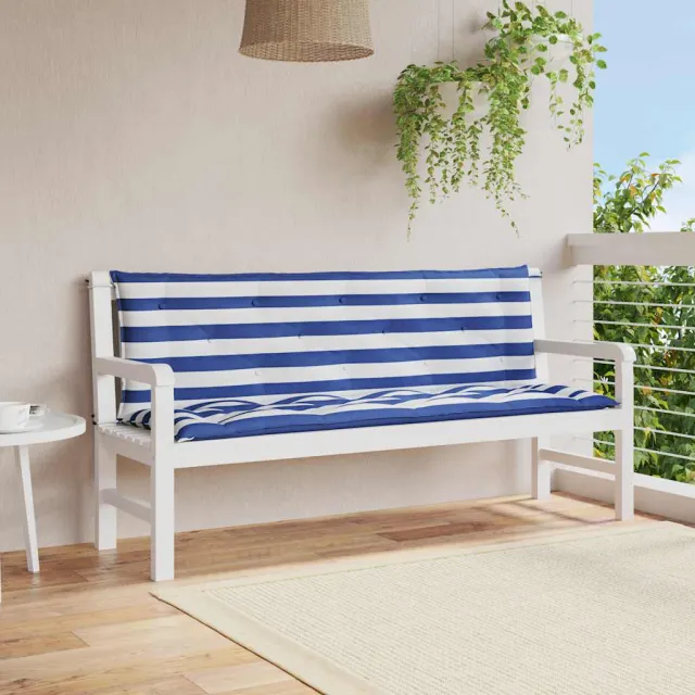 vidaXL Tuinbankkussens 2 st gestreept 150x50x7 cm stof wit en blauw Meerkleurig