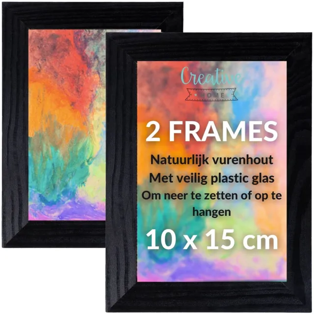 Creative Home 2 x Dennenhouten Fotolijst 10 x 15 cm Zwart | Horizontaal of Verticaal | Glas | Set van 2 Lijsten Zwart | 2x