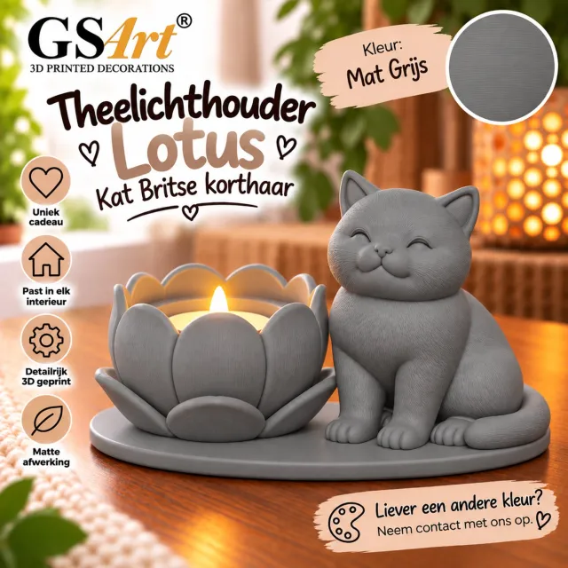 GSArt Theelichthouder Lotus Britse Korthaar Kat – LED – Mat Grijs