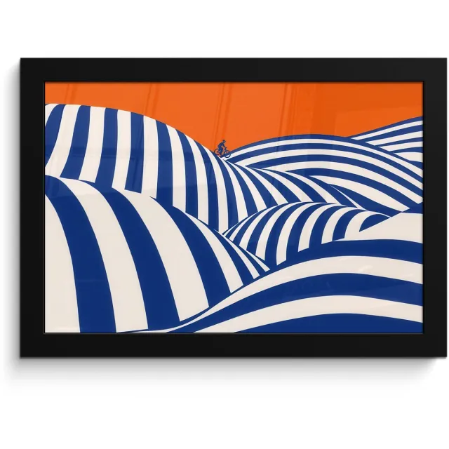 FrameYourWall Poster in lijst - Fotolijst 30x20 cm - Posters - Fietser - Heuvels - Strepen - Blauw - Posterlijst zwart - Decoratie - Wanddecoratie woonkamer - Muurdecoratie slaapkamer