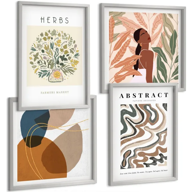 Coloray 4-Delige Schilderij Set - Boho-Esthetiek, Pastelkleurige Minimalistische Posters - 40 x 40 cm En 40 x 60 cm - Wanddecoratie - Schilderijen Set - Kantoor - Stijlvolle Muurdecoratie Zilveren lijst