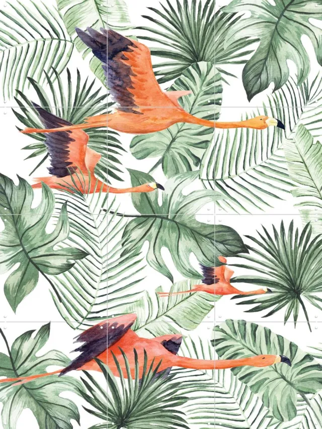 IXXI Flamingo Flight, Creative Lab Amsterdam - 60 x 80 cm - Grote wanddecoratie en posters - Kleurrijk, Illustraties, Badkamer, Zomer, Vogels