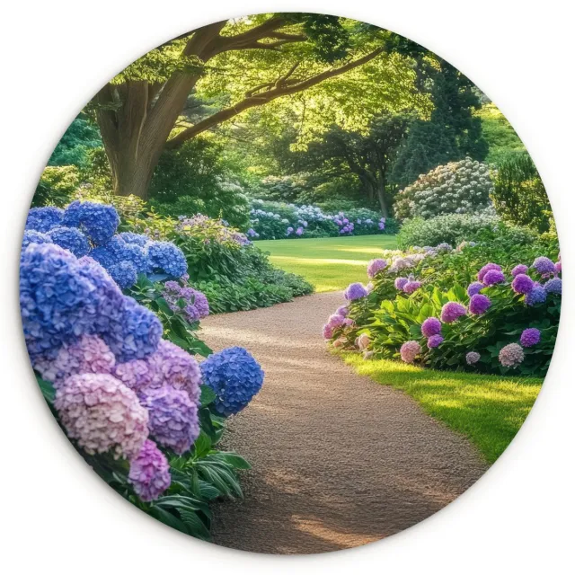 WallCircle Wandcirkel 140x140 cm - Muurcirkel Hortensia- Park - Pad - Muurdecoratie woonkamer - Wanddecoratie slaapkamer - Kamer decoratie accessoires - Ronde schilderijen Hortensia - Tuin