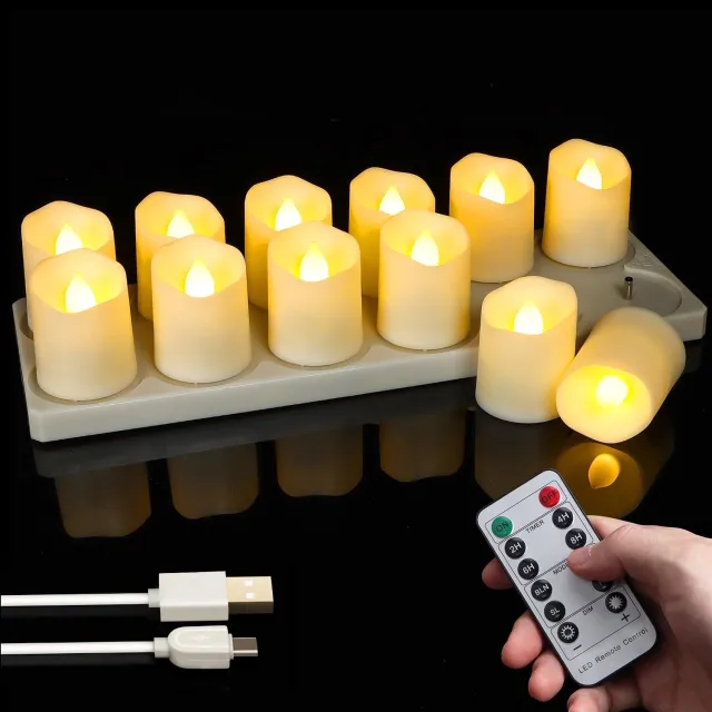 QEVA Theelichtjes Oplaadbaar - LED Theelichtjes - Oplaadbare Kaarsen - Warm Wit - 40cm x 40cm x 45cm Warmwit 12 met laadstation