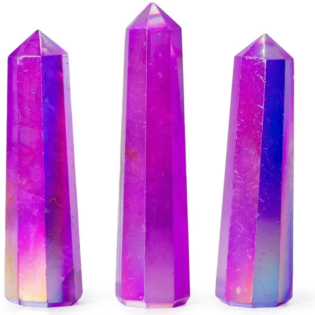Ancient Wisdom 3x Obeliskpunt 9cm - Aurora Kristalkwarts - Paars - Bescherming - Energie - Zelfliefde - Sereniteit - Balans