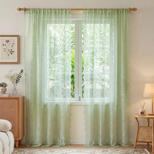 MUPOO Vitrages Kant en Klaar - Mintgroene Kanten Vitrage Gordijnen met Bloemenmotief - Lichtdoorlatend &Luchtig -Voile Gordijnen met Tunnelzoom voor Slaapkamer/Woonkamer - 140 x 275 cm-2 stuks