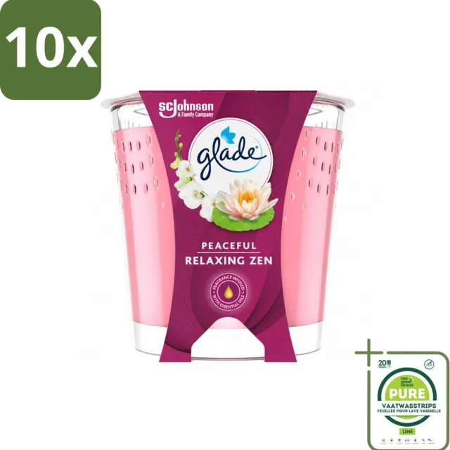 Glade 10 x Glade - Geurkaars Relaxing Zen - 100% Raapzaadwas - 112 g - Grootverpakking - Vaatwasstrips - Geurkaars Rust - Geurkaars Ontspanning - Geurkaars Zen - Geurkaars Natuurlijk - Geurkaars Vegan lichtblauw