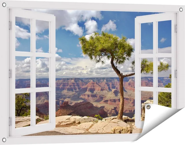 Gards Tuinposter Doorkijk Grand Canyon met Boom - 90x60 cm - Tuindoek - Tuindecoratie - Wanddecoratie buiten - Tuinschilderij Wit