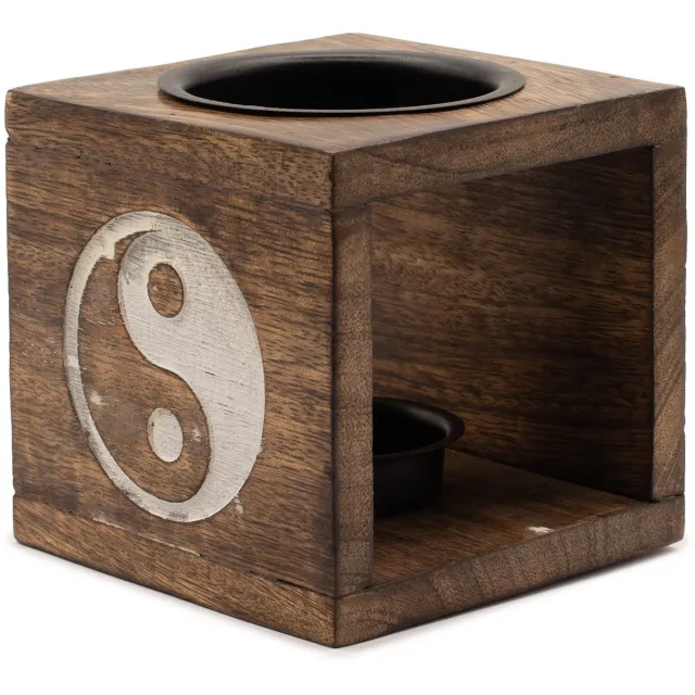 Ancient Wisdom Square Mango Wood Oil Burner - Yin Yang multikleur