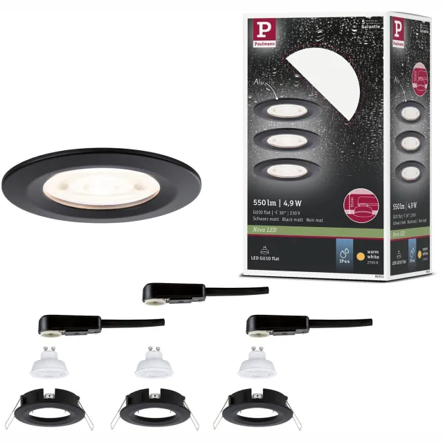 Paulmann LED-inbouwlamp Nova GU10 Flat stijf IP44 3x4,9W 3x550lm 230V 2700K Zwart mat