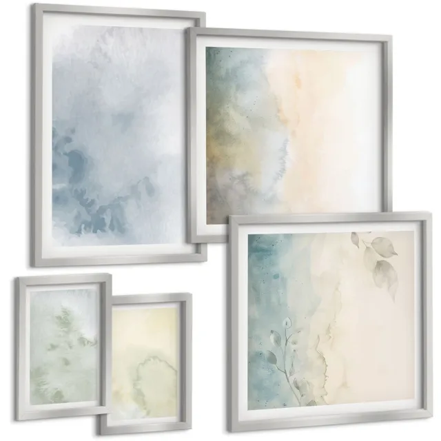 TULUP 4-Delige Schilderij Set - Pastelkleurige aquarelverf op canvastextuur - 50 x 50 cm, 20 x 30 cm en 40 x 60 cm - Wanddecoratie - Schilderijen Set - Interieur - Decoratieve Schilderijen Zilveren lijst