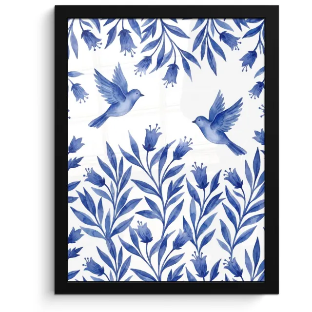 FrameYourWall Poster in lijst - Fotolijst 30x40 cm - Posters - Modern - Vogels - Delfts - Blauw - Posterlijst zwart - Decoratie - Wanddecoratie woonkamer - Muurdecoratie slaapkamer