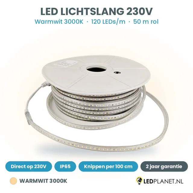 Tsong LED Lichtslang 230V - Warmwit 3000K - 120 LEDs/m - 4,8W/m - 480lm/m - IP65 - 6mm - 50m rol