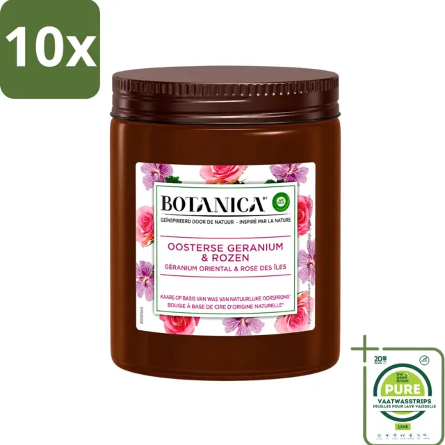 Air Wick 10 x Botanica by Air Wick - Geurkaars - Geranium & Rozen - 40 Uur Brandduur - Grootverpakking - Vaatwasstrips - Geurkaars - Geranium En Rozen - 40 Uur Branden - Natuurlijke Geur - Bloemige Geur Wit