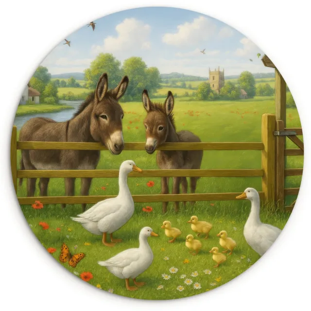 WallCircle Wandcirkel 150x150 cm - Muurcirkel Ezels - Ganzen - Kleurrijk - Muurdecoratie woonkamer - Wanddecoratie slaapkamer - Kamer decoratie accessoires - Ronde schilderijen
