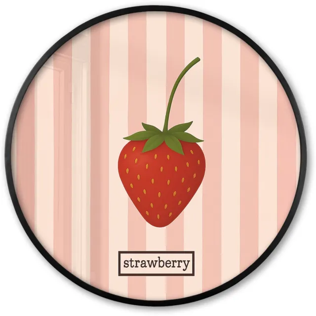 FrameYourWall Poster in lijst Rond - Fotolijst 60x60 cm - Posters - Aardbei - Strepen - Minimalistisch - Rood - Ronde posterlijst zwart - Decoratie - Wanddecoratie woonkamer - Muurdecoratie slaapkamer