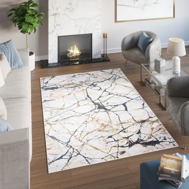 Tapiso Toscana Vloerkleed Beige Gouden Zwart Laagpolig Tapijt