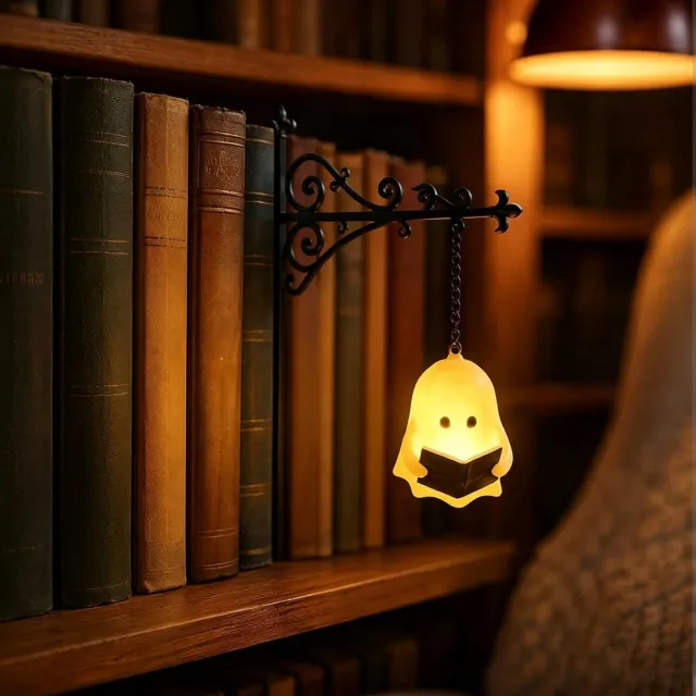 PZCC Boekensteun Metaal - Boekensteun met LED Boekenkast Lamp - Vintage Hangende Nachtlamp voor Boekenplank, Warme Sfeerverlichting voor Leeshoek, Decoratie Cadeau voor Boekenliefhebbers - Ghost Design - Halloween zwart