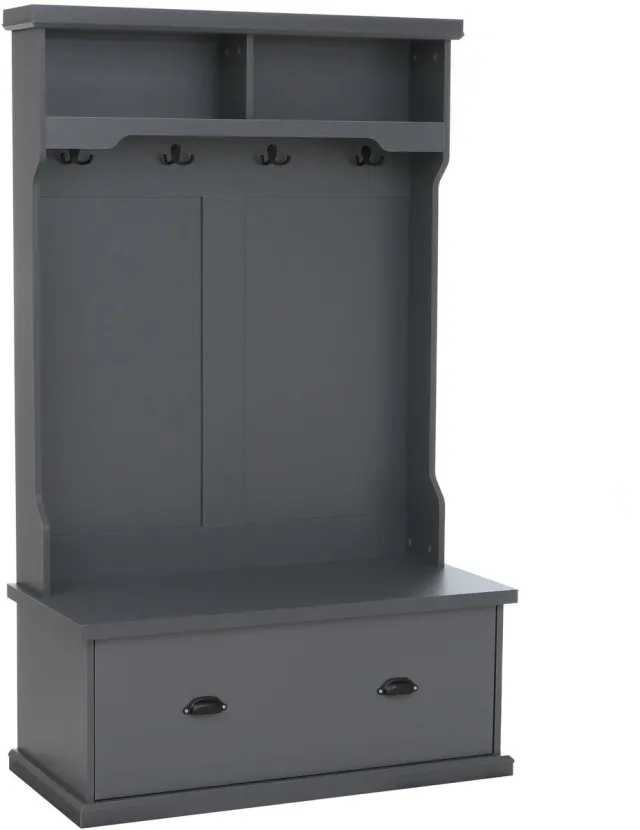 MCW Garderobekast MCW-P27, halgarderobekast, houten garderobekast met zitbank, 4 haken, opbergvak, melamine, 163x100x47 cm ~ donkergrijs