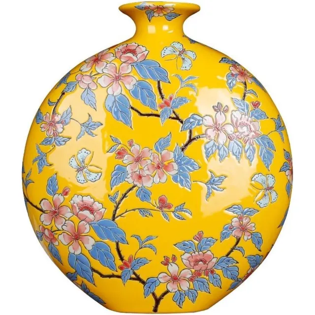 Fine Asianliving Chinese Vaas Porselein Geel Bloemen Handgeschilderd B32xD12xH34cm Geel, Multicolour