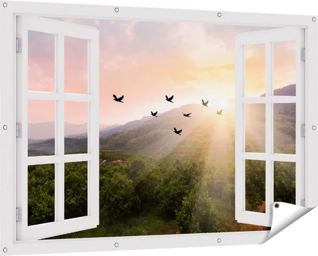 Gards Tuinposter Doorkijk Silhouet Zwerm Vogels bij Zonsondergang - 150x100 cm - Tuindoek - Tuindecoratie - Wanddecoratie buiten - Tuinschilderij Wit