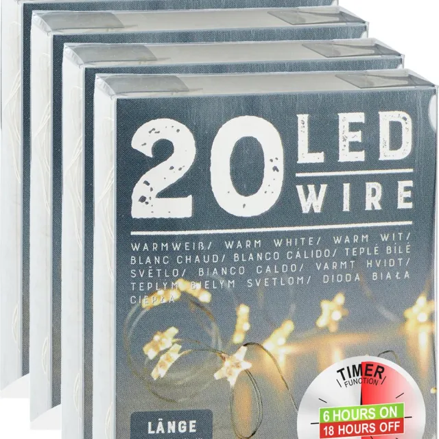 Cepewa Draadverlichting sterren - 4x - 220 cm - 20 leds - warm wit - batterij met timer