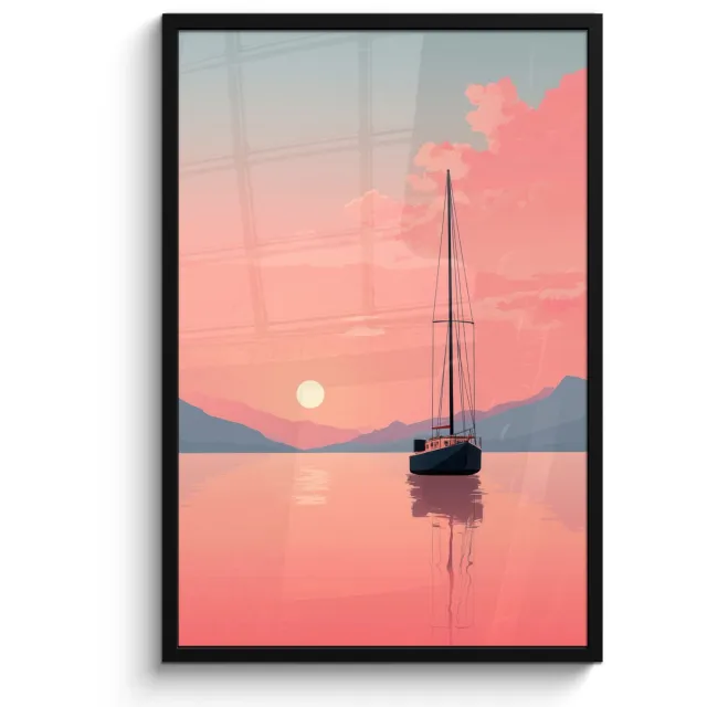 FrameYourWall Poster in lijst - Fotolijst 60x90 cm - Posters - Zeilboot - Roze zee - Zonsondergang - Bergen - Posterlijst zwart - Decoratie - Wanddecoratie woonkamer - Muurdecoratie slaapkamer Zeilboot - Zee - Bergen