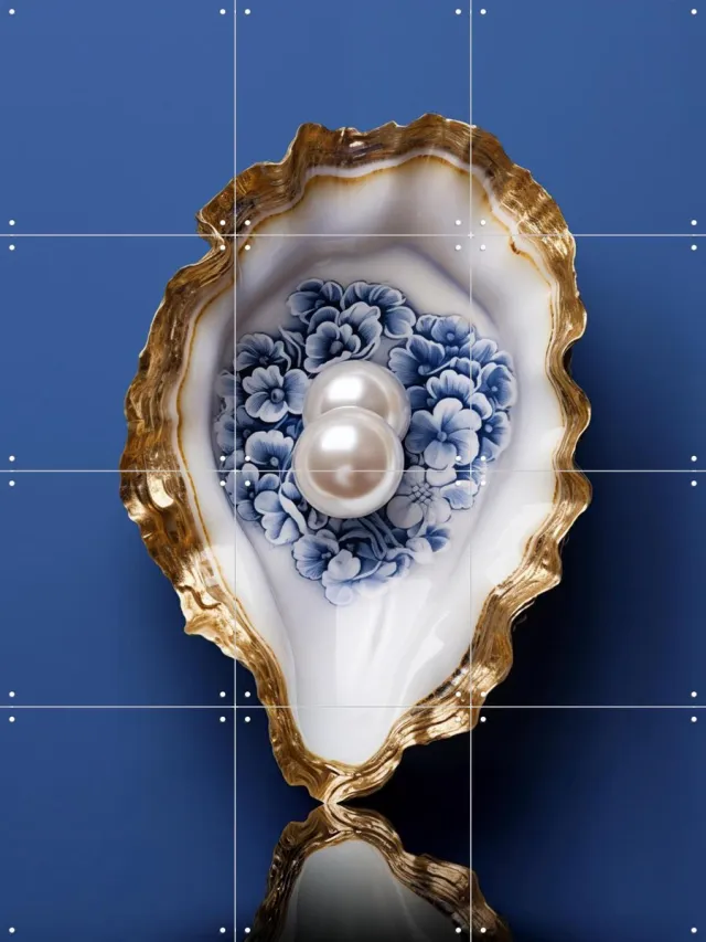 IXXI Delft Blue Oyster with Gold and Pearls, OTTI - 60 x 80 cm - Grote wanddecoratie en posters - Klassiek, Decoratieve kunsten, Realisme, Strandhuis Goud / Blauw