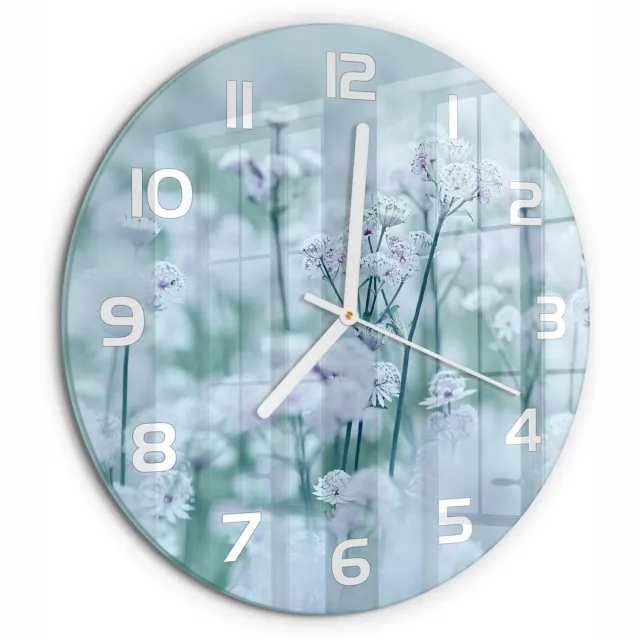 TULUP Wandklok - Grote garenkruid Decoratieve Glazen Klok - fi30 cm - Wit Glazen Wandklok Design - Witte handen - Ronde Klok - Glazen Klok Met Print - Wandklok Glas Met Motief